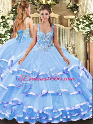Dazzling Blue Lace Up Sweet 16 Dresses Beading and Ruffled Layers Sleeveless Floor Length