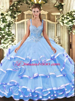 Dazzling Blue Lace Up Sweet 16 Dresses Beading and Ruffled Layers Sleeveless Floor Length