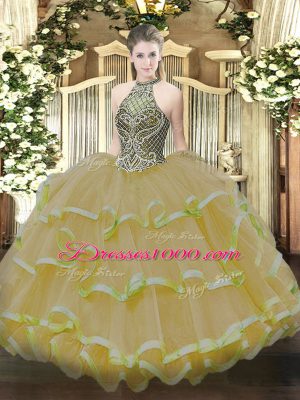 Beading and Ruffles Quinceanera Dress Gold Lace Up Sleeveless Floor Length