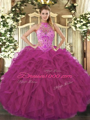 Beading and Embroidery and Ruffles Ball Gown Prom Dress Fuchsia Lace Up Sleeveless Floor Length