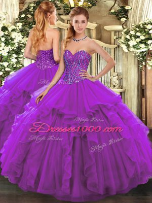 Popular Floor Length Ball Gowns Sleeveless Eggplant Purple Quinceanera Dresses Lace Up