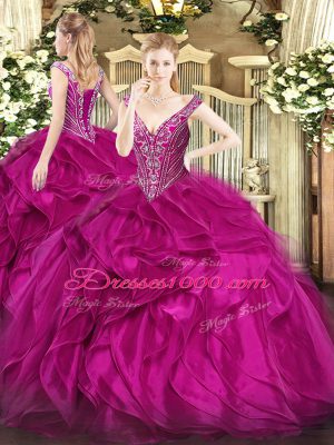 Discount Fuchsia Ball Gowns V-neck Sleeveless Organza Floor Length Lace Up Beading and Ruffles Quinceanera Dress