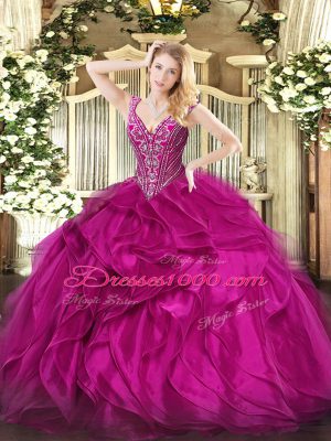 Discount Fuchsia Ball Gowns V-neck Sleeveless Organza Floor Length Lace Up Beading and Ruffles Quinceanera Dress