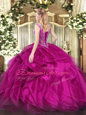 Discount Fuchsia Ball Gowns V-neck Sleeveless Organza Floor Length Lace Up Beading and Ruffles Quinceanera Dress