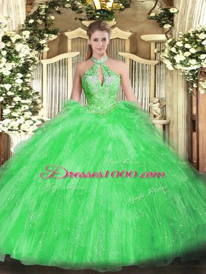 Lovely Organza Halter Top Sleeveless Lace Up Beading and Ruffles Sweet 16 Dresses in