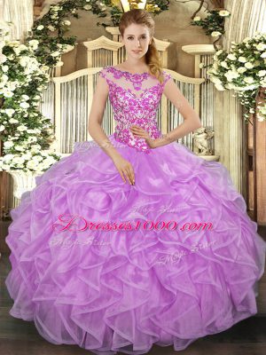 Lovely Lilac Cap Sleeves Organza Lace Up Quinceanera Dresses for Sweet 16 and Quinceanera