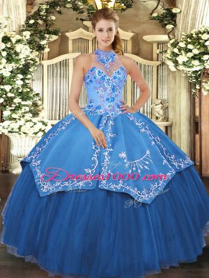 Halter Top Sleeveless Lace Up Quinceanera Dresses Teal Satin and Tulle