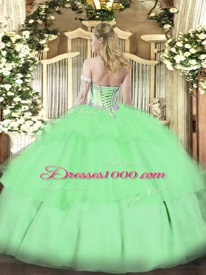 New Arrival Beading and Ruffled Layers Quince Ball Gowns Gold Lace Up Sleeveless Floor Length