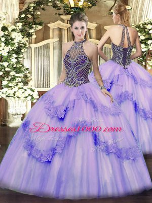 Superior Lavender Sleeveless Beading and Appliques Floor Length Ball Gown Prom Dress
