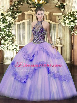 Superior Lavender Sleeveless Beading and Appliques Floor Length Ball Gown Prom Dress