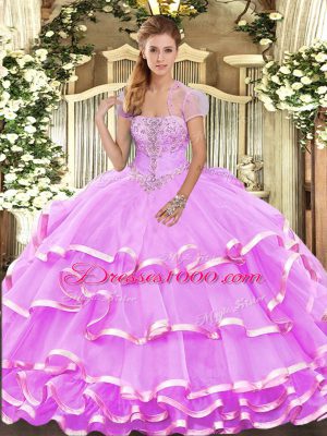 Lilac Ball Gowns Strapless Sleeveless Organza Floor Length Lace Up Appliques and Ruffled Layers Sweet 16 Dresses