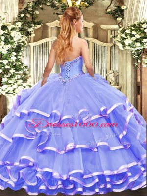 Lilac Ball Gowns Strapless Sleeveless Organza Floor Length Lace Up Appliques and Ruffled Layers Sweet 16 Dresses