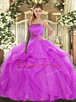 Clearance Fuchsia Ball Gowns Strapless Sleeveless Tulle Floor Length Lace Up Ruffles Ball Gown Prom Dress