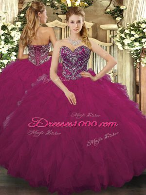 Charming Tulle Sweetheart Sleeveless Lace Up Beading and Ruffled Layers 15 Quinceanera Dress in Fuchsia