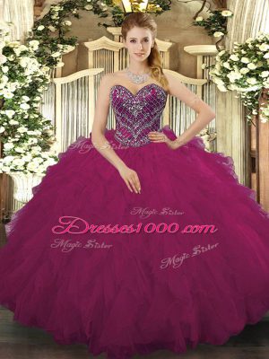 Charming Tulle Sweetheart Sleeveless Lace Up Beading and Ruffled Layers 15 Quinceanera Dress in Fuchsia