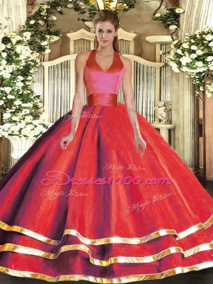 Trendy Floor Length Red Sweet 16 Dresses Tulle Sleeveless Ruffled Layers