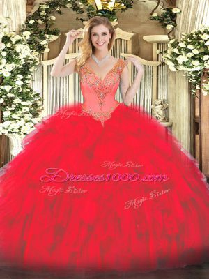 Red Lace Up Vestidos de Quinceanera Beading and Ruffles Sleeveless Floor Length