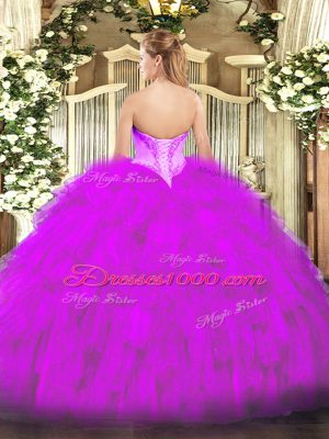 Red Lace Up Vestidos de Quinceanera Beading and Ruffles Sleeveless Floor Length