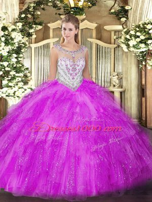 Fuchsia Sleeveless Tulle Zipper Quinceanera Dress for Military Ball and Sweet 16 and Quinceanera