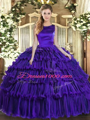 Floor Length Purple Quinceanera Gown Organza Sleeveless Ruffled Layers