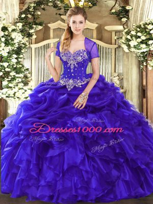 Organza Sweetheart Sleeveless Lace Up Beading and Ruffles and Pick Ups Sweet 16 Dress in Purple