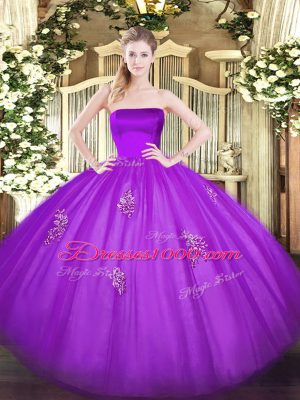 Eggplant Purple Ball Gown Prom Dress Military Ball and Sweet 16 and Quinceanera with Appliques Strapless Sleeveless Zipper