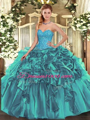 Sweetheart Sleeveless Quinceanera Gown Floor Length Beading and Ruffles Teal Organza