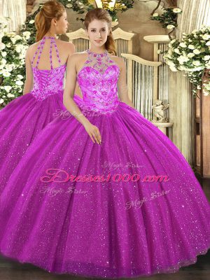 Fuchsia Sleeveless Beading and Embroidery and Sequins Floor Length Ball Gown Prom Dress