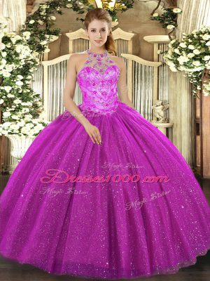 Fuchsia Sleeveless Beading and Embroidery and Sequins Floor Length Ball Gown Prom Dress