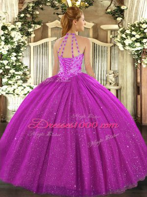 Fuchsia Sleeveless Beading and Embroidery and Sequins Floor Length Ball Gown Prom Dress