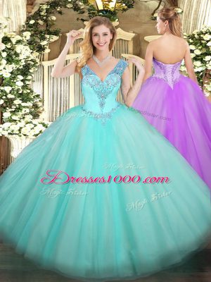 Beading Quince Ball Gowns Aqua Blue Lace Up Sleeveless Floor Length