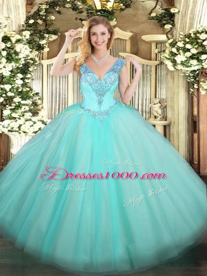 Beading Quince Ball Gowns Aqua Blue Lace Up Sleeveless Floor Length