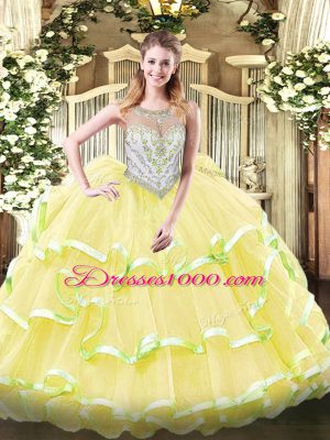 Yellow Green and Light Yellow Quinceanera Gown Military Ball and Sweet 16 and Quinceanera with Beading and Ruffled Layers Scoop Sleeveless Zipper