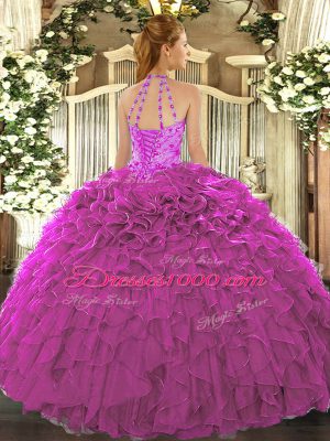 Fitting Fuchsia Halter Top Neckline Beading and Ruffles Quinceanera Dress Sleeveless Lace Up