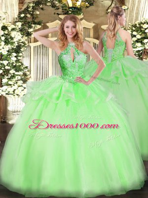 Delicate Ball Gowns Halter Top Sleeveless Organza Floor Length Lace Up Beading Quinceanera Dress