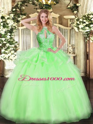 Delicate Ball Gowns Halter Top Sleeveless Organza Floor Length Lace Up Beading Quinceanera Dress