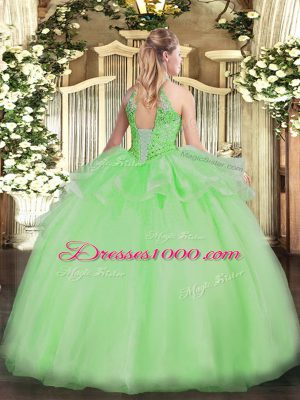 Delicate Ball Gowns Halter Top Sleeveless Organza Floor Length Lace Up Beading Quinceanera Dress