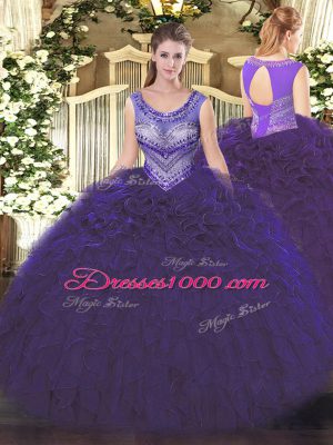 On Sale Floor Length Purple Ball Gown Prom Dress Scoop Sleeveless Lace Up
