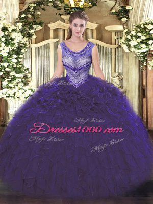On Sale Floor Length Purple Ball Gown Prom Dress Scoop Sleeveless Lace Up