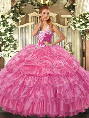 Straps Sleeveless Organza 15th Birthday Dress Beading and Ruffled Layers and Pick Ups Lace Up