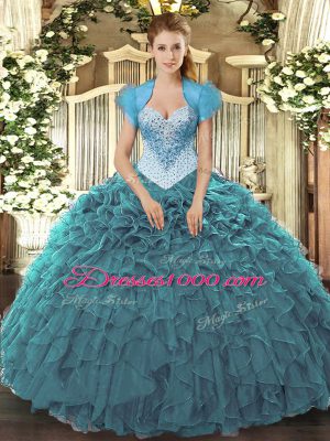 Floor Length Teal Vestidos de Quinceanera Sweetheart Sleeveless Lace Up