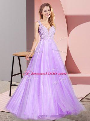 Enchanting Lavender Tulle Zipper Sleeveless Floor Length Lace