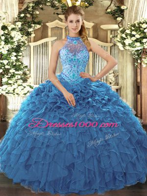 Extravagant Ball Gowns Vestidos de Quinceanera Teal Halter Top Organza Sleeveless Floor Length Lace Up