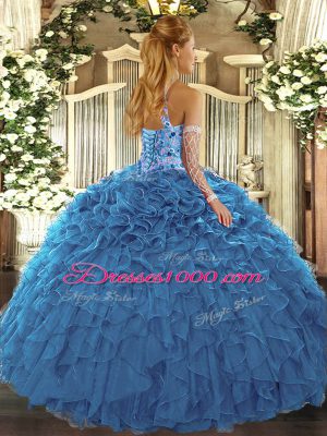 Extravagant Ball Gowns Vestidos de Quinceanera Teal Halter Top Organza Sleeveless Floor Length Lace Up