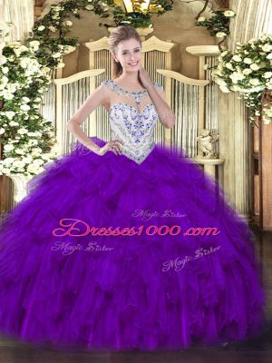 Purple Ball Gowns Tulle Scoop Sleeveless Beading and Ruffles Floor Length Zipper Sweet 16 Dress
