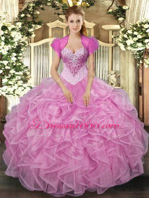 Exquisite Rose Pink Ball Gowns Organza Sweetheart Sleeveless Beading and Ruffles Floor Length Lace Up Vestidos de Quinceanera