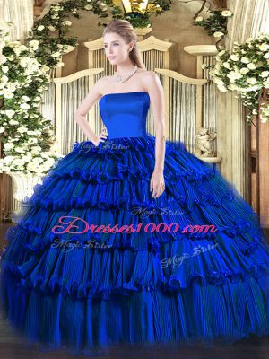 Glorious Royal Blue Ball Gowns Strapless Sleeveless Organza Floor Length Zipper Ruffled Layers Sweet 16 Dresses