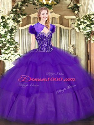 Sweetheart Sleeveless 15 Quinceanera Dress Floor Length Ruffled Layers Purple Tulle