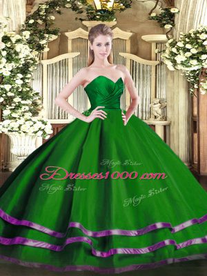 Green Tulle Zipper Quinceanera Dresses Sleeveless Floor Length Ruffled Layers