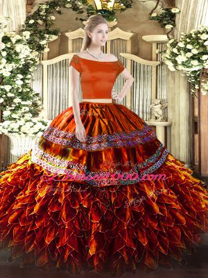 Fancy Off The Shoulder Short Sleeves 15 Quinceanera Dress Floor Length Ruffles Rust Red Organza